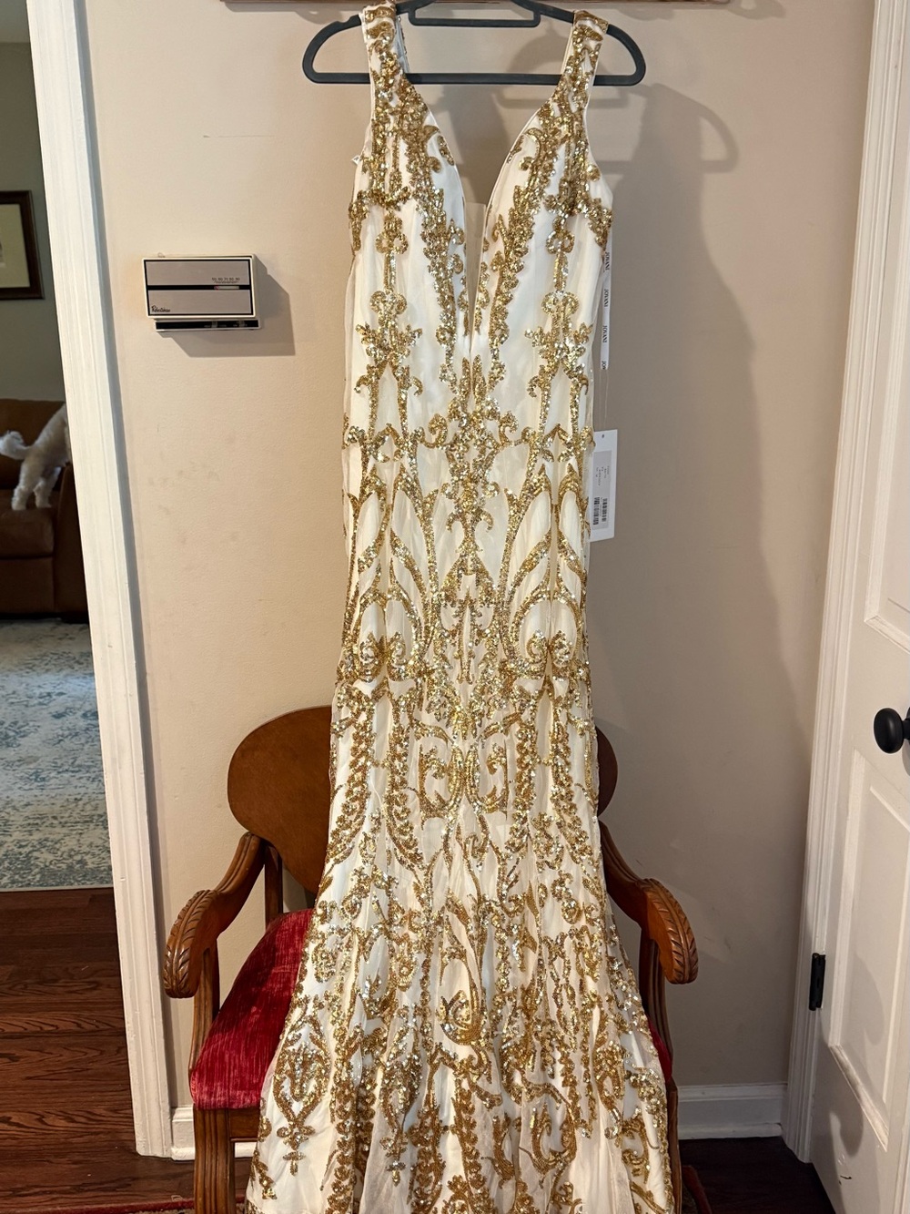 Jovani White and Gold Beaded V-Neck Prom Gown